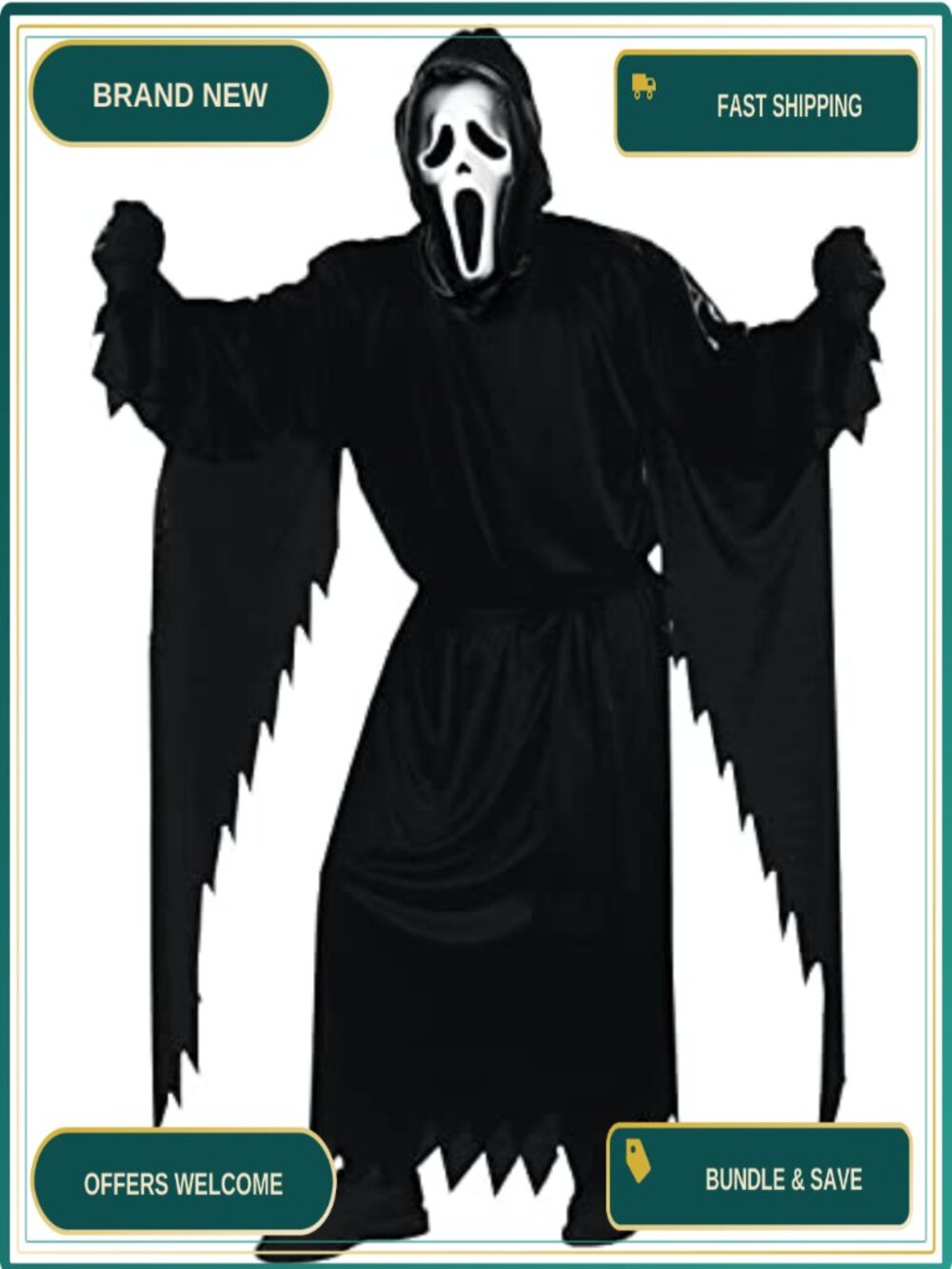Ghost Face Adult Costume Black Polyester Robe with Mask Halloween